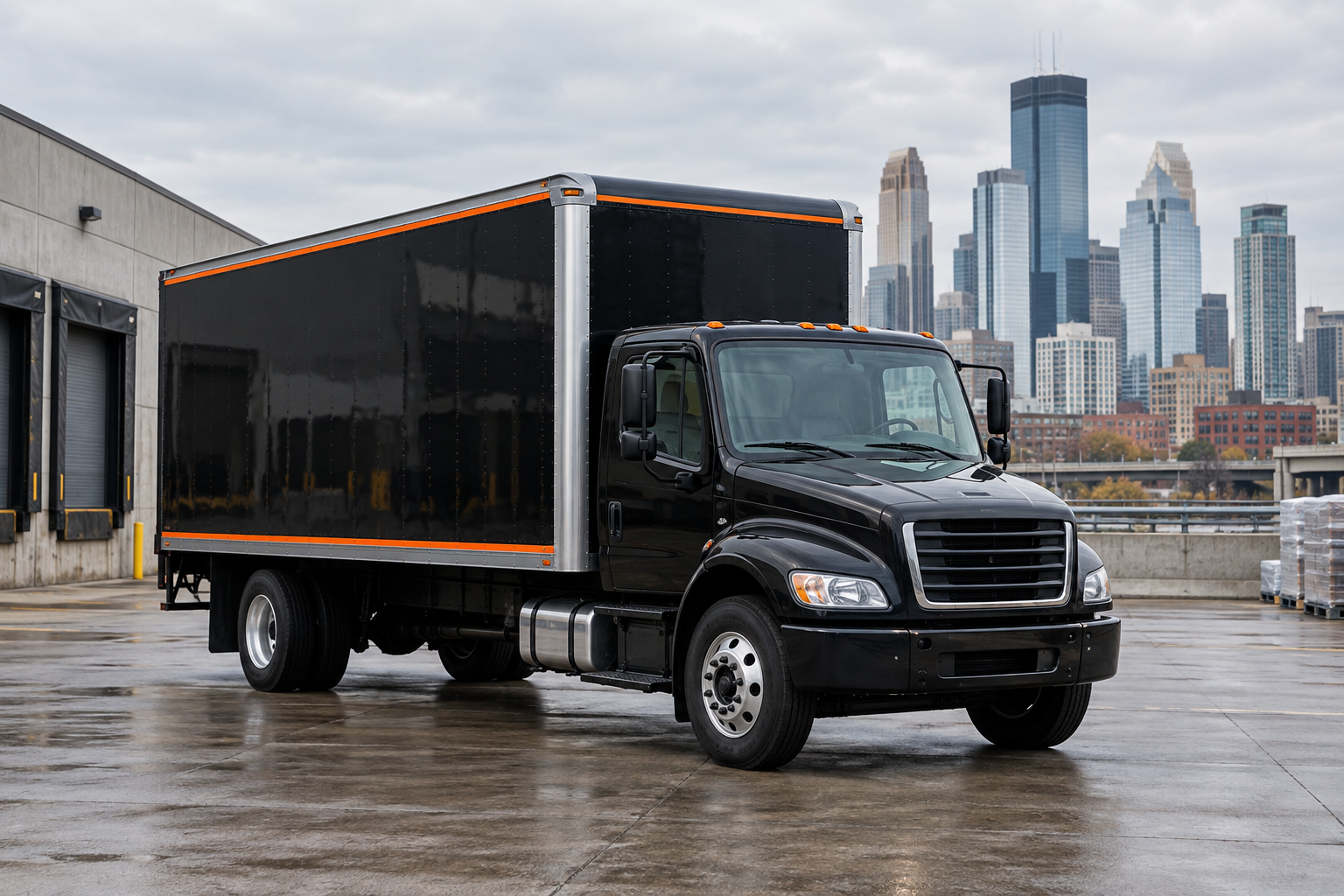 Black delivery truck with orange accents near a city skyline